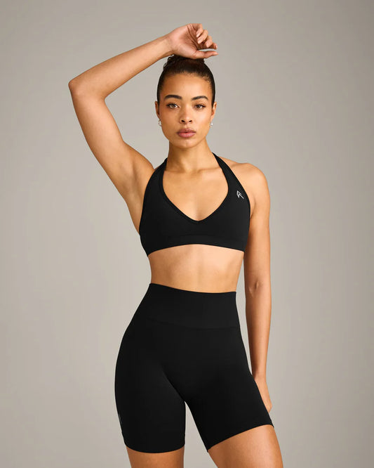 Seamless Halter Neck Sports Bra with Gray Logo