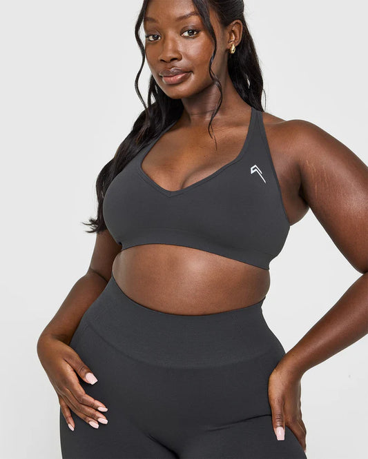 Seamless Racer Back Sports Bra with White Logo