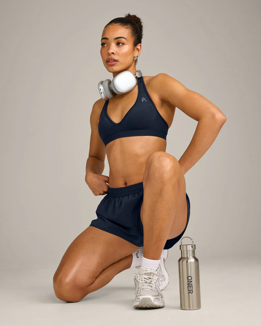 Seamless Halter Neck Sports Bra with Gray Logo
