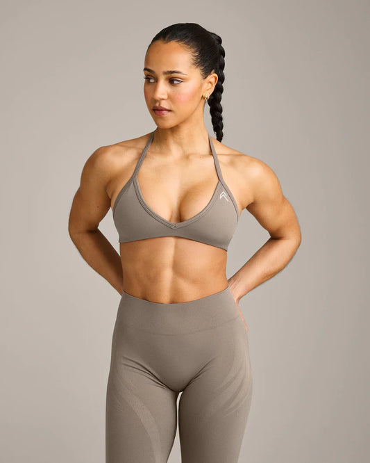 Seamless Minimal Halter Neck Bralette with Gray Logo